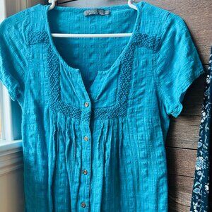 Prana Textured Button-Front Top – Teal Blue (Size XS, Runs Big)